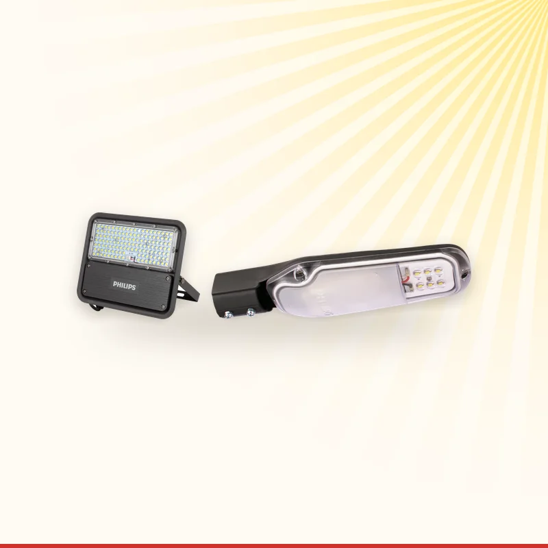 Philips LED flood light on a pole lighting a plant yard, Monika Electric Corporation, Ahmedabad